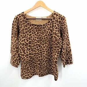 Neiman Marcus 100% Cashmere Brown Leopard Print 3/4 Sleeve Sweater Womens Large
